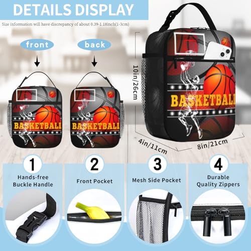 Kids Lunch Box For School Insulated Basketball Lunchbox Reusable Portable Sports Ball Basketball Lunch Bag With Adjustable Shoulder Strap For Boys Girls School Picnic Hiking Work Lunchboxes - color: basketball