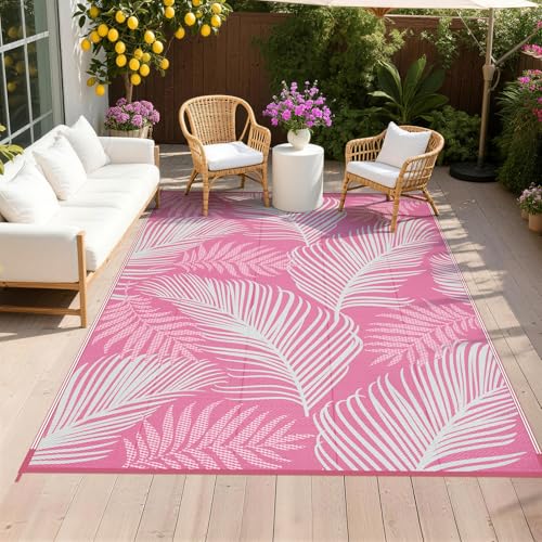 Pauwer Waterproof Outdoor Rug 6x9, Reversible Plastic Straw Patio Camping Rug, Indoor Outdoor RV Mat Carpet for Deck, Camper, Porch, Balcony, Backyard, Picnic, Leaf Pink - color: Leaf Pink, size: 6' x 9' (Rectangular)