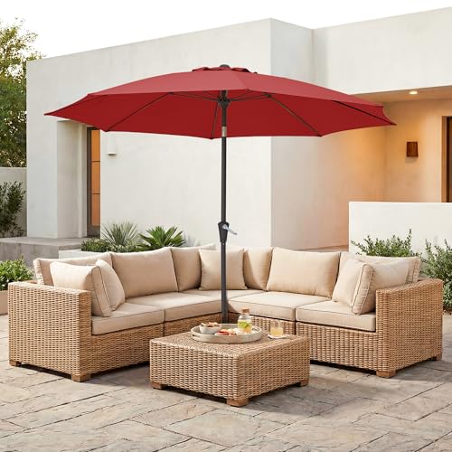 JEAREY 9FT Outdoor Patio Umbrella,Market Table Umbrella with 8 Fiberglass Ribs, Pool Umbrella with Tilt and Crank, UV Protection Lightweight & Wind-Resistant for Lawn, Garden, Deck and Backyard, Red - color: Red