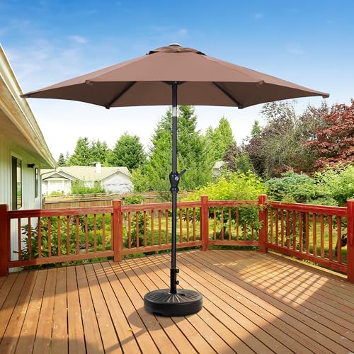 HYD-Parts 9FT Patio Umbrella Outdoor Table Umbrella,Market Umbrella with Push Button Tilt and Crank for Garden, Lawn, Deck, Backyard & Pool, with a Base (Coffee) - color: Coffee, size: Umbrella+Base