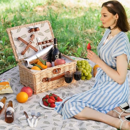 HappyPicnic Picnic Basket Set for 2 - Wicker Picnic Basket with Waterproof Blanket & Insulated Liner, Large Handmade Willow Hamper with Cutlery Kit for Outdoor, Picnic, Camping, Party, Holidays (Leaf) - color: Leaf