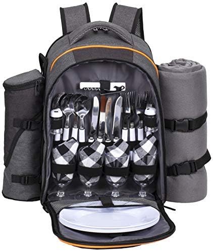 Hap Tim Picnic Basket Backpack for 4 Person with Insulated Cooler Compartment, Wine Holder, Fleece Blanket, Cutlery Set, Engagement Gifts for Couples, Bridal Shower Gift, Wedding Gifts(36021) - color: Dark Grey, size: 4 Person