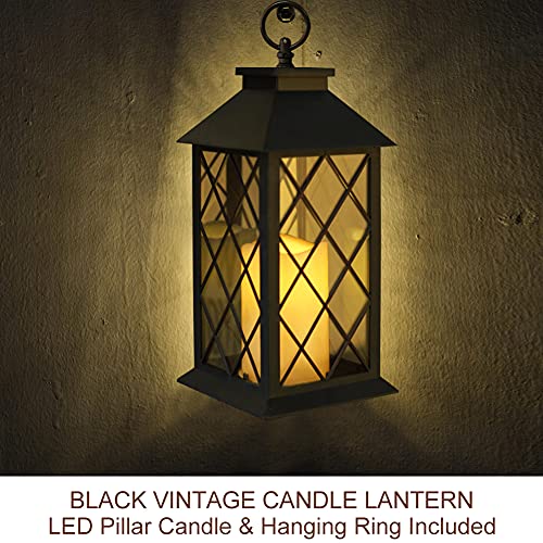 13.5" Black Vintage Candle Lantern with LED Pillar Candle and Timer - IP44 Waterproof Porch Light - Tabletop Lantern Decorative Outdoor - color: Textured Black Vintage Lantern - PP Metallic Coating, size: 13.5" Candle Lantern - Ip44 Waterproof