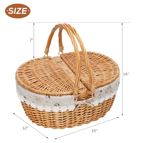 15" Wicker Picnic Baskets with Removable Liner, Empty Picnic Basket with Lid, Picnic Hamper with Folding Woven Handles for Picnic, Camping, Outdoor, Halloween, Thanks Giving - WhiteKapok - color: White Kapok