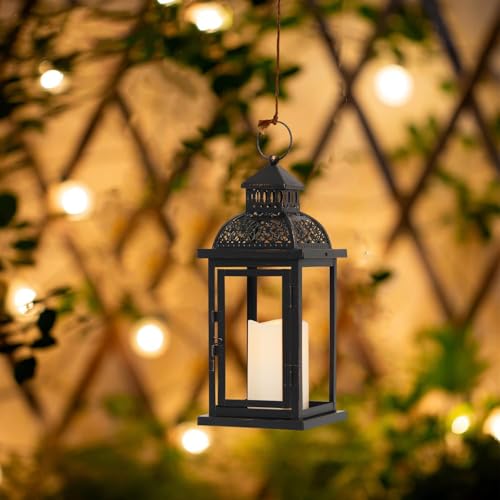 No Glass Lanterns Decorative Indoor & Outdoor, 15'' Candle Lantern Decorative Christmas Indoor Outdoor Decor, Vintage Metal Hanging Lanterns with LED Candle for Patio, Front Porch,Yard, Table - color: Black / 15''h / Timed Candle