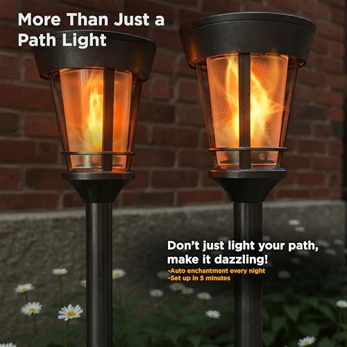FoxFlame Classic Solar Path Torch - Elegant Flickering Flame Effect with Patented LED,IP65 Waterproof,Solar-Powered Lighting for Garden,Yard, and Landscape Ambiance Easy Stake Installation (2 Pack) - style: Classic Path Torch