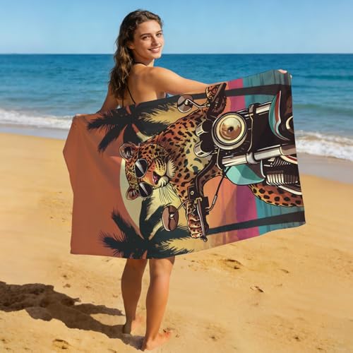 Microfiber Leopard Towels, Funny Leopard Riding Motorcycle Beach Towels for Kids Adults, Quick Dry Sand-Free Motocross Cheetah Print Bath Towels for Bathroom Swimming, Oversized 32x52 - color: Leopard