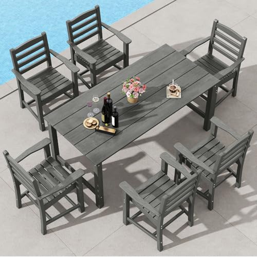 Tangkula 7 Pcs Outdoor Dining Table Set for 6, 67” HDPE Weather-Resistant Patio Rectangle Table & 6 Armchairs w/Curved Seat, Umbrella Hole, Wood Grain, Plastic Dining Furniture (Gray, 7 Pcs) - color: Grey, size: 7 Pcs