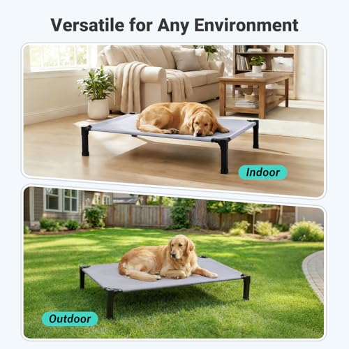 Niubya Elevated Outdoor Dog Bed, Cooling Elevated Pet Cot, Steel-Framed and Non-Slip Feet, Raised Dog Bed with Waterproof, Washable, Breathable Teslin Mesh, 35in - color: Grey, size: 35"l X 25"w X 7.5"h