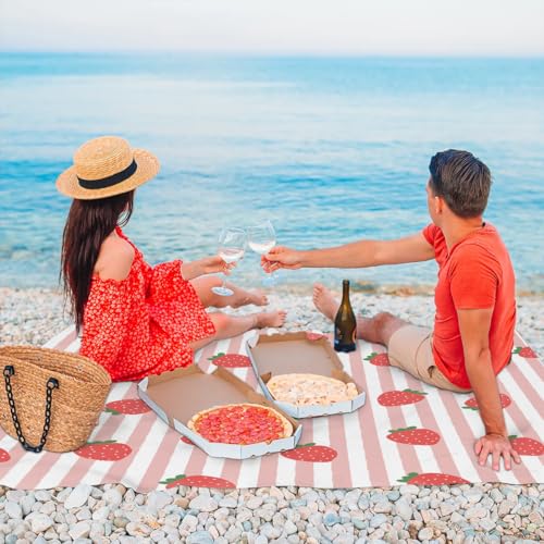 Strawberry Strip Lightweight Beach Blanket Waterproof Sandproof 59"X68" Sand Free Beach Mat with 4 Stakes Compact Outdoor Blanket for Beach Quick Drying Picnic Mat for Travel Camping