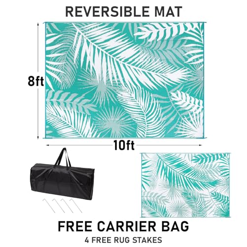 Outdoor Rug 8'x10' Waterproof for Patios Clearance, Reversible Outdoor Plastic Straw Rug Camping Carpet, Outside Floor Mats Large Area Rugs for RV,Patio,Deck,Porch, Beach,Balcony,Teal&White - color: Teal Blue, size: 8' x 10' (Rectangular)