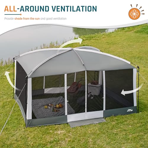 Screen House Tent 13x9ft Screen Room Mesh Gazebos w/ 2 Magnetic Doors, Included Projection Screen, Camping Tent Screened Canopy Shelter for Outdoor Patios Backyards Activities (Gray)
