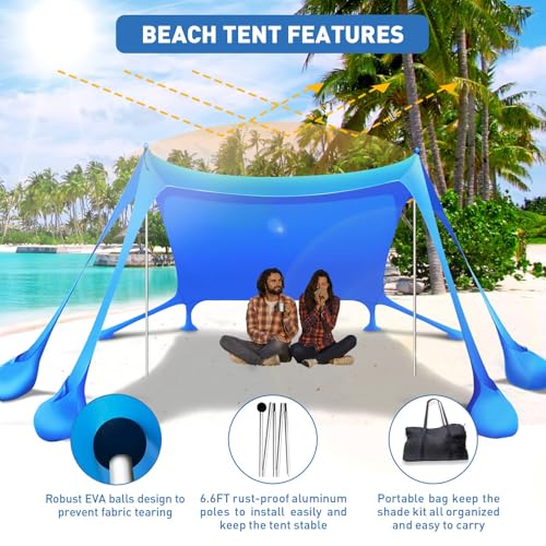 Beach Tent Sun Shelter 10x10ft Beach Canopy Easy Pop Up Sun Shade Portable UPF50+ with 8 Sandbags-2 Sand Shovel-4 Aluminum Poles-Ground Pegs for Outdoor Family Camping Fishing Backyard Picnic - color: Royal Blue, size: 10x10 FT 4 Pole