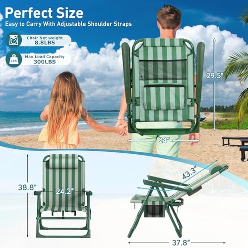 Suteck Backpack Beach Chair for Adults - 6-Position Folding Reclining Chair with Cooler Bag & Cup Holder, Lightweight Portable Beach Chair for Camping, Outdoor, Sand, Travel Use - color: Dark Green & White