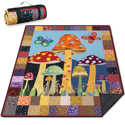 Mushroom Picnic Blankets Waterproof Foldable Picnic Outdoor Blanket 80"x 60" Picnic Mat 3-Layer Thicking Outdoor Foldable Blankets Sandproof Lightweight Beach Blankets with Strap Machine Washable - color: Mushroom05, size: 60*80in