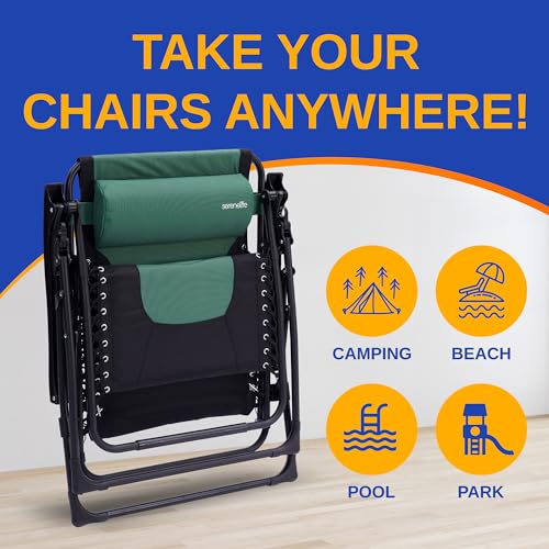 SereneLife Padded Zero Gravity Lounge Chair - Reclining Patio Chairs - Outdoor Lounge Chairs with Detachable Cup Holder Tray - Folding Recliner Chair with Removable Pillows - 1, Green and Black - color: Green