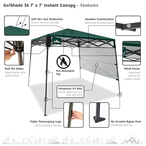 YOLI Go!Shade 36 Instant Pop-Up Canopy, 7x7 Lightweight Backpack Shelter with Attached Wall & UV Protective Top - Deep Forest Green