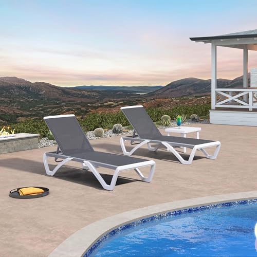 PURPLE LEAF Patio Chaise Lounge Chair Set of 3 Outside Aluminum Plastic Stackable Tanning Chairs for Pool Sunbathing Beach Deck Outdoor Lounger, Grey - color: Grey, style: 2 chairs + 1 table