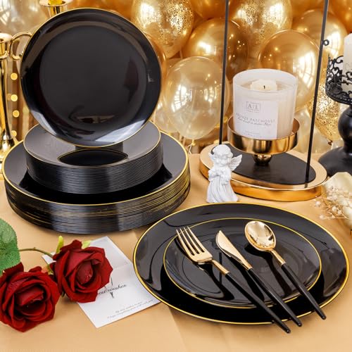 150pcs Black Plastic Plates, Black and Gold Plates,Gold Plastic Silverware,Black and Gold Dinnerware Set,Premiun Taleware,Perfect for Birthday,Party,Wedding,Anniversary - color: 150pcs Black and Gold Plastic Dinnerware Set