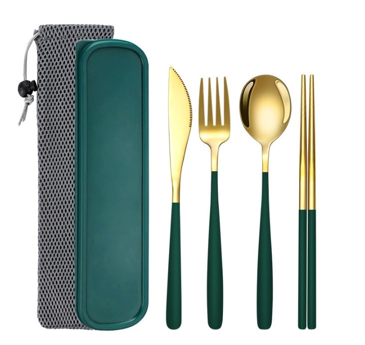 Portable Camping Utensil Set - 18/8 Stainless Steel Travel Silverware with Compact Case - Reusable Knife Fork Spoon Chopsticks Kit for Hiking, Picnic, Backpacking & Outdoor Eating (Gold Green) - color: Gold Green