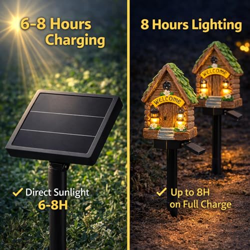 Solar Fairy House Lights Outdoor, 2 Pack Waterproof Decorative Garden Pathway Lights, Hand-Painted Resin Cottage Garden Decor for Yard Lawn Patio, Unique Gift for Women Garden Lovers - style: Modern