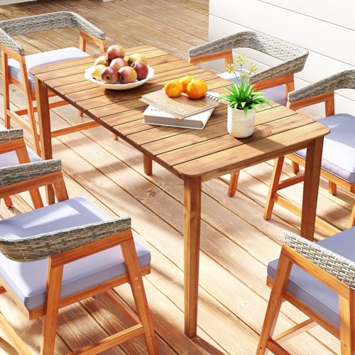 Tangkula 54" Acacia Wood Patio Dining Table for 6, Rectangular 4-6 People Patio Table with Slatted Tabletop, Indoor Outdoor Farmhouse Dining Table for Yard, Garden, Poolside, Deck - size: 54"