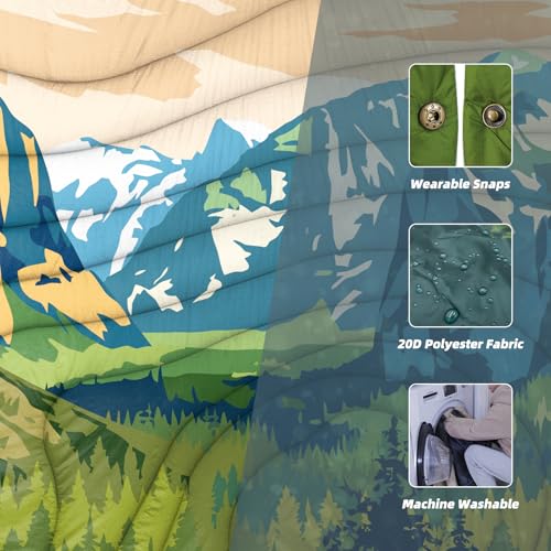 Outdoor Camping Blanket with Sherpa Lining, Extra Warm Thick Camp Blankets and Puffy Ultralight Soft Poncho DWR Camping Quilt for Cold Weather, Adventure, Sleeping, Backpacking 78"x 56" - color: Green Sierra Nevada, size: 78 x 56 inches