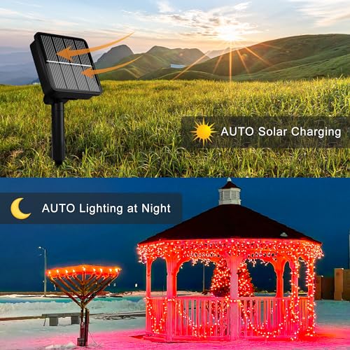 Flechllary Solar String Lights for Outside, 39Ft 100 LED Solar String Lights Outdoor with 8 Modes，Solar Lights for Outside Waterproof for Yard, Fence,Balcony, Party,Christmas Tree Decorations (Red) - color: Red, size: 1 Pack 100 LED