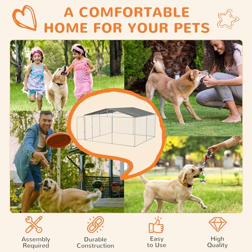 PawHut Outdoor Dog Kennel, Heavy Duty Dog Run Outdoor Fence with Waterproof Cover, Galvanized Chain Link, Secure Lock, for Large Breeds, Chickens, Ducks, 13' x 13' x 7.5' - size: 157.5"L x 157.5"W x 91.3"H
