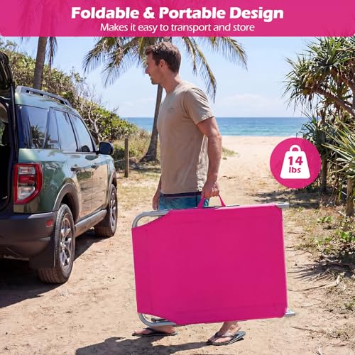 COSTWAY Tanning Chair with Face Hole, Folding Beach Lounge Chair with 4-Position Adjustable Backrest, Pillow & Side Pocket, Foldable Chaise Lounge Chair Outdoor for Sunbathing, Camping (1, Pink) - color: Pink
