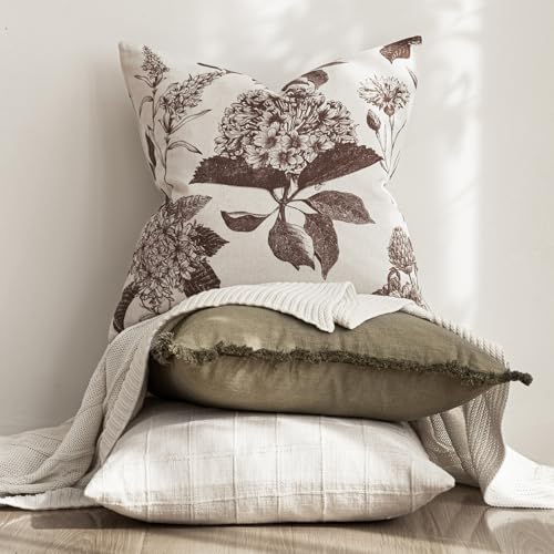 Foindtower Set of 2 Linen Floral Throw Pillow Covers Neutral Vintage Print Decorative Cushion Covers Farmhouse Boho Home Decor for Sofa Chair Couch Bedroom Living Room,18×18 Inch,Dark Brown - color: Dark Brown, size: 18" x 18" (Pack of 2)
