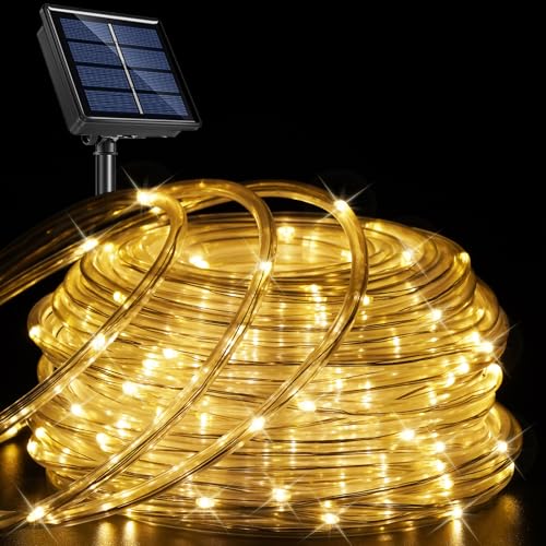 YEGUO Solar Rope Lights Outdoor Waterproof, 66ft 200 LED Warm White String Lights, 8 Modes Fairy Lights in Clear Thin Tube - color: Warm White