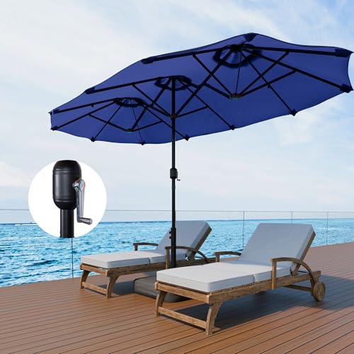 Shintenchi 13FT Large Patio Umbrella with Base Included, Outdoor Double-Sided Rectangular Shade with Crank Handle for Poolside Lawn, Deck & Garden, Dark Blue - color: Dark Blue, size: 13FT