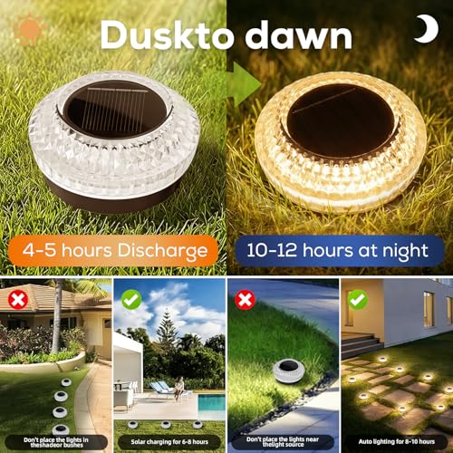 Solar Deck Lights Outdoor - IP67 Waterproof Solar Driveway Dock Lights, 12PK Solar Pthway Lights, Outdoor Warning Step Lights for Driveway Sidewalk Garden Pathway Yard Stair Backyard Decor(Warm White) - color: Diamond - Warm White
