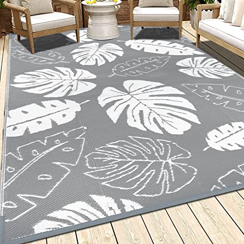 HEBE Outdoor Rug for Patios 5'x8' Clearance Waterproof Patio Mat Reversible RV Camping Rug Carpet Plastic Straw Rug Outside Floral Area Rug Doormat for Patios,Porch,RV,Balcony,Beach - color: Leaf / Grey, size: 5' x 8' (Rectangular)