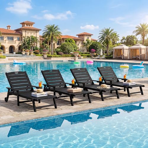 Outdoor Lounge Chair Set of 4 with 5-Position Adjustable, Outside Lounge Chair with Cup Holder, Wheels for Easy Mobility, HDPE Tanning Chair for Poolside, Patio, Black - color: Black, size: 4pc