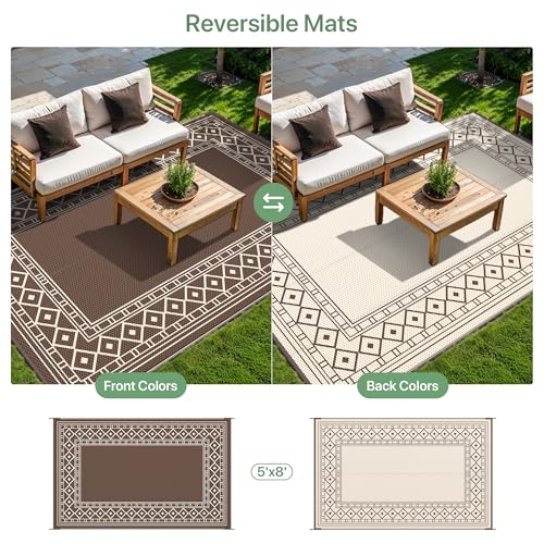 GENIMO Outdoor Rug Waterproof for Patio Decor, 5'x8' Reversible Plastic Straw Rug Carpet, Camping Mat for Outdoor, RV, Backyard, Deck, Balcony, Picnic, Beach, Coffee & Beige - color: Coffee & Beige | Natural, size: 5' x 8' (Rectangular)