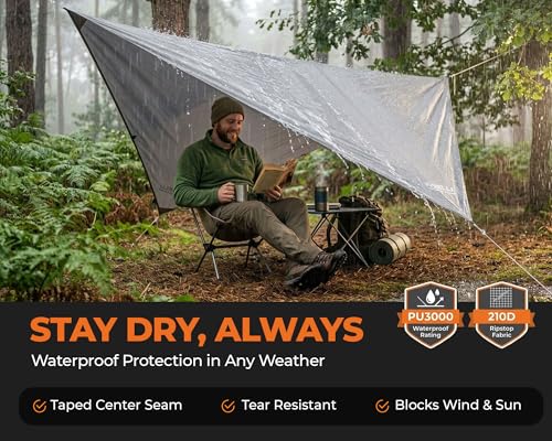 Foxelli Hammock Rain Fly - Waterproof Lightweight Tent & Hammock Rain Tarp for Camping, Backpacking w/Easy Setup Including Extra Long Guy Lines & Stakes