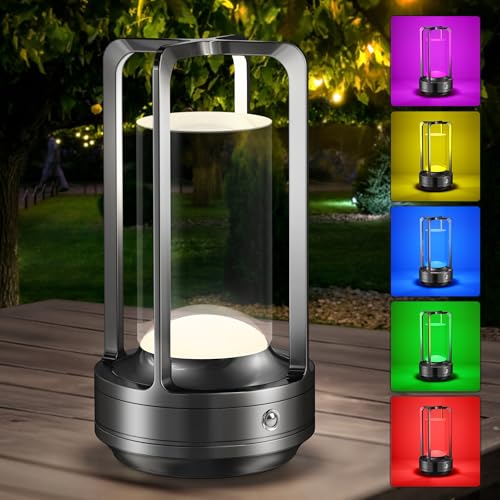 Portable Table Lamp for Outdoor Indoor: Cordless Rechargeable Desk Lamp with 10 Colors - Shower Lamp with Stepless Dimmable - Metal Battery Operated Lantern Light for Bedroom/Bar/Coffee Shop/Camping - color: Black+RGB