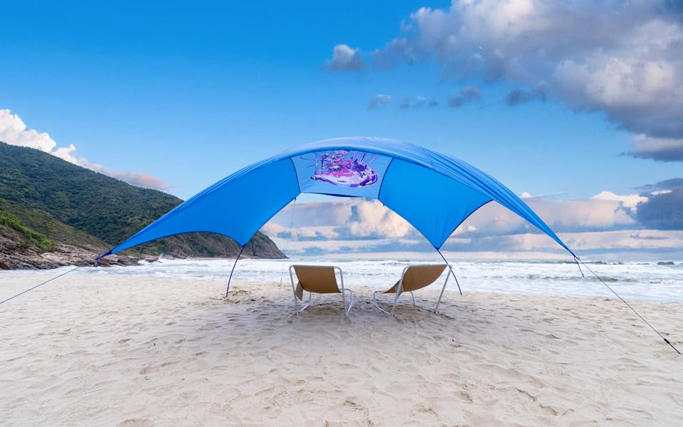 Beach Wind-Powered Shade Canopy, Portable Sun Shelter Tent, UPF 50+ UV Protection, Lightweight, Easy Set Up, 150 Sq. Ft. of Shade for up to 6 People, Regatta Jellyfish - color: 3-Regatta