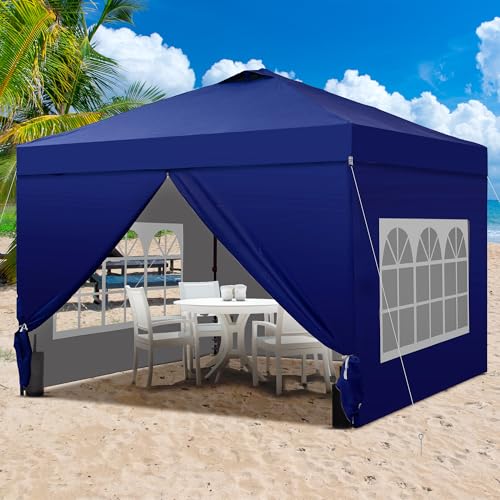 GDY 10x10 Pop Up Canopy Tent with 4 Sidewalls, Easy Set up with One Push Lift Outdoor Silver Coated Beach Gazebos, Carpas with 4 Sandbags, for Events, Parties,Camping, Navy Blue. - color: Navy Blue, size: 10x10 with 4 Sidewall