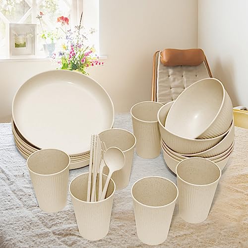 Wheat Straw Dinnerware Sets -DAPIPIK 42 Piece Unbreakable Dinnerware Sets for 6, Kitchen Plates and Bowls Set, Lightweight Camping Plates Cups and Bowls Set.Dishwasher Microwave Safe Dinnerware - color: Beige