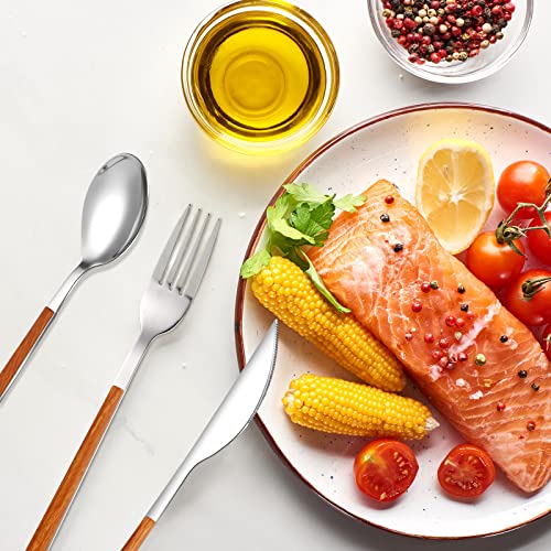 Coume 40 Pcs Wood Handle Silverware Set Stainless Steel Cutlery Set with Imitation Wood Grain Handle Silver Mirror Polished Dishwasher Safe for Household Kitchen Utensil Restaurant Hotel Party