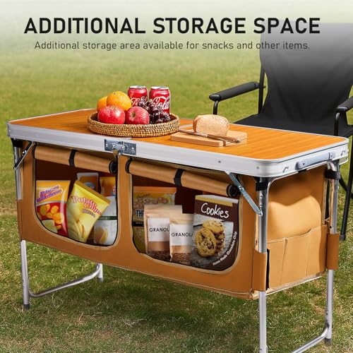 VINGLI 4 Ft Folding Table, Aluminum Camping Table, Picnic Table with Storage, Adjustable Height for Outdoor Beach BBQ Backyards Travel Party (White ＆ Grey) - color: White ＆ Grey