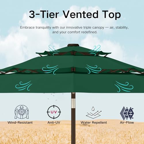 Kingdura 9ft 3-Tier Patio Umbrella with Solar Lights, Table Umbrella Outdoor Patio with Easy Crank & Tilt, 8 Sturdy Ribs, UV Protection, 32 LED Lights for Deck, Poolside, Market (Dark green) - color: Dark green-LED, size: 9 FT