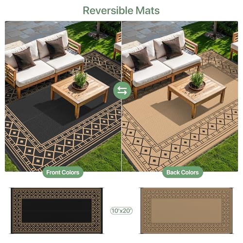 GENIMO Outdoor Rug Waterproof for Patio Decor, 10'x20' Foldable Reversible Plastic Straw Carpet, Outside Area Mat for Rv, Deck, Picnic, Porch, Camper, Balcony, Beach, Black & Brown - color: Black & Brown | Natural, size: 10' x 20' (Rectangular)