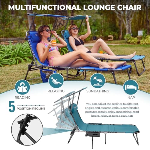 FUNDANGO 4 in 1 Tanning Chair with Face Hole, Beach Lounge Chair w/Canopy Shade & Side Table Chaise Lounge Chairs for Patio, Pool, Lawn, Sunbathing, 5-Position Adjustable Sun Lounger, Cyan - color: #Ucp 1 Pack Cyan, style: UltimateComfort Pro 5 Position C