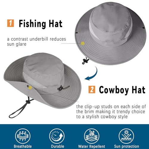 ZOORON Sun Hats for Men Women, Wide Brim Safari Hats UV Protection UPF50+ Waterproof Boonie Hats for Fishing Hiking Camping - color: 1pack-gray