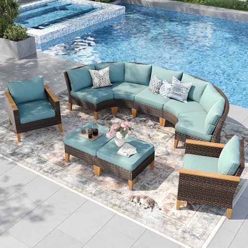 PHI VILLA 7-Piece Wicker Patio Furniture Set, Outdoor Half-Moon Curved Sectional Sofa with Thick Aqua Blue Cushions, 2 Ottomans, 2 Single Seats, Large Conversation Seating for Garden or Backyard - color: Aqua Blue, size: 9 Seats - Curved