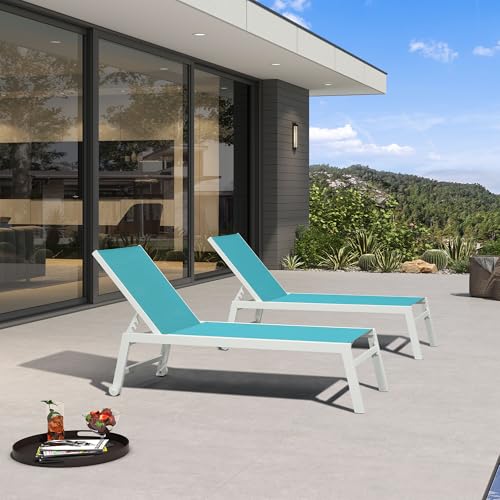 PURPLE LEAF Oversize Chaise Lounge Chair Outdoor 2 Pieces White Aluminum Lounge Chair with Wheels and Table for Pool Deck Patio, Turquoise - color: Turquoise, style: Oversize Inclining-leg